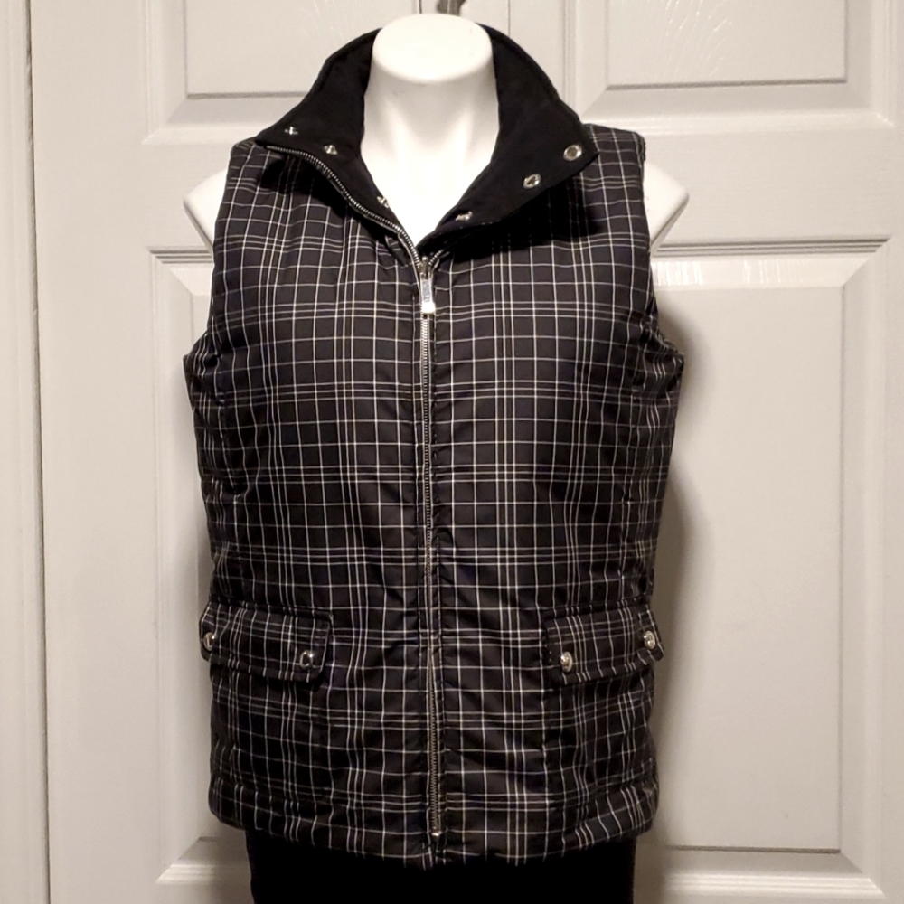 Jones New York Signature Reversible Plaid & Solid Black Women's Vest - Medium